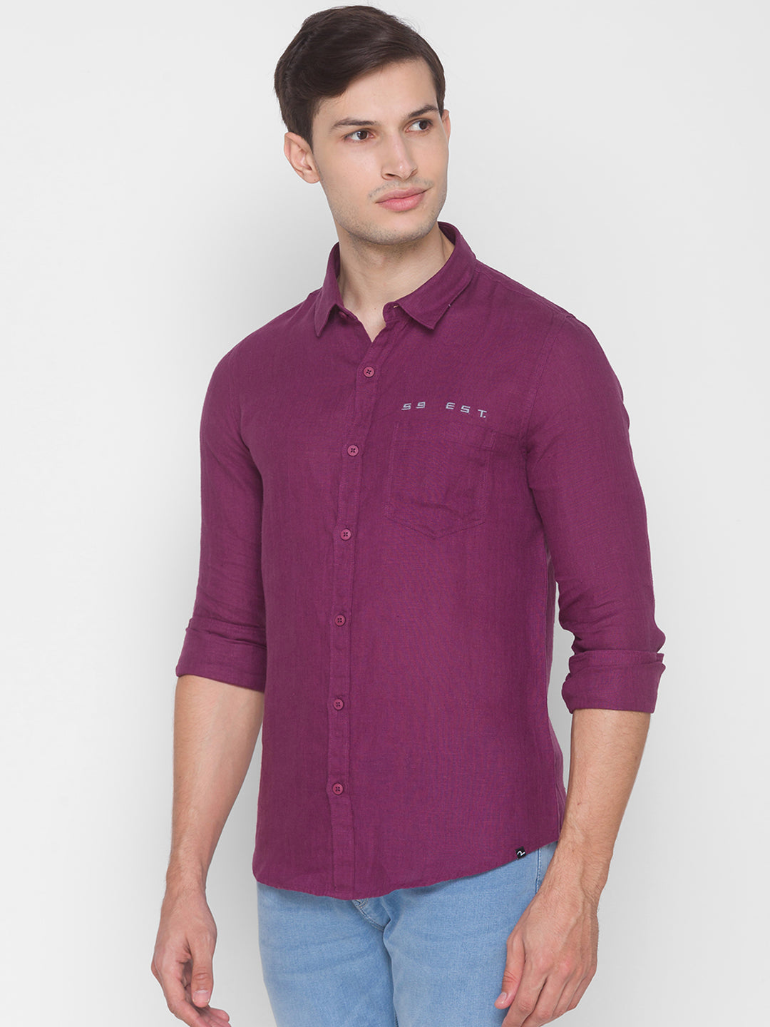 Spykar Slim Fit Purple Cotton Men Shirt