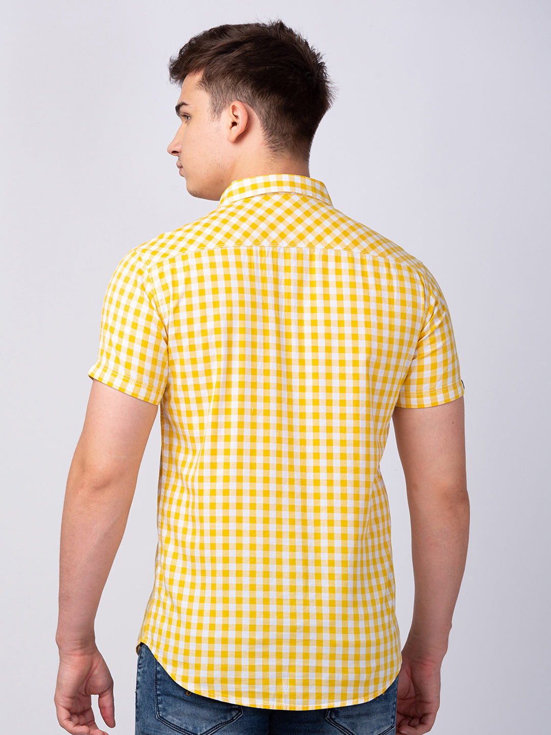 Spykar Men Yellow Cotton Slim Fit Checkered Shirt