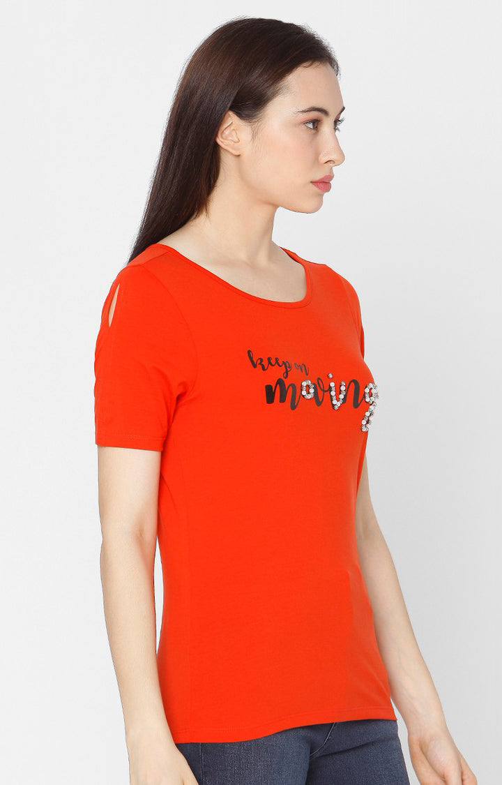 Spykar Women Orange Cotton Slim Fit Round Neck T-Shirt