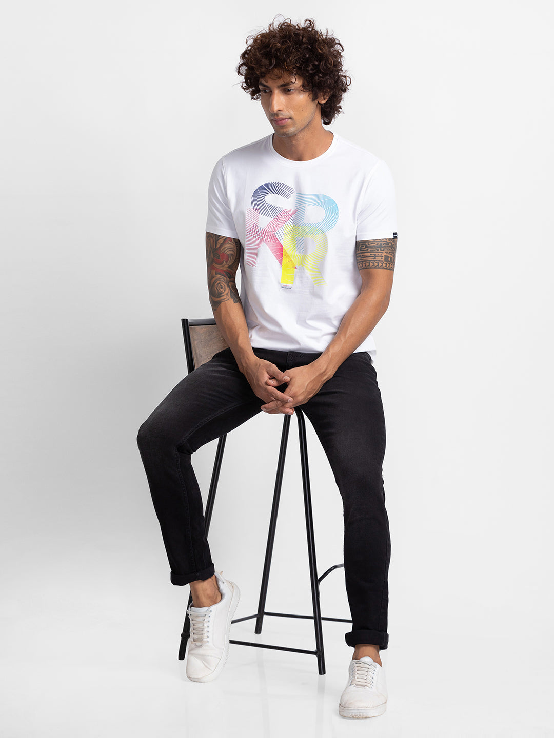 Spykar White Cotton Half Sleeve Printed Casual T-Shirt For Men