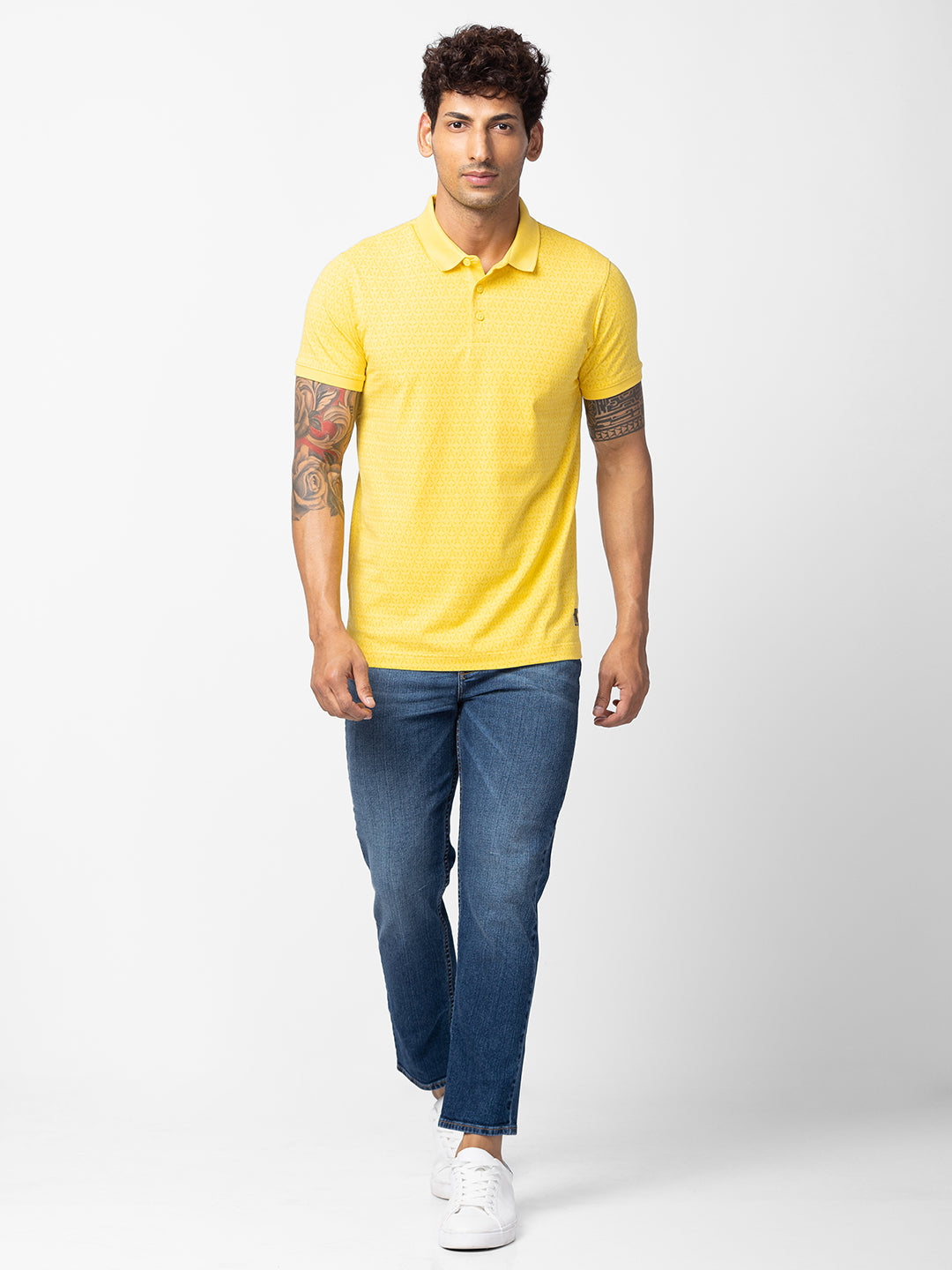 Spykar Men Yellow Cotton Regular Fit Half Sleeve Printed Polo T-Shirt