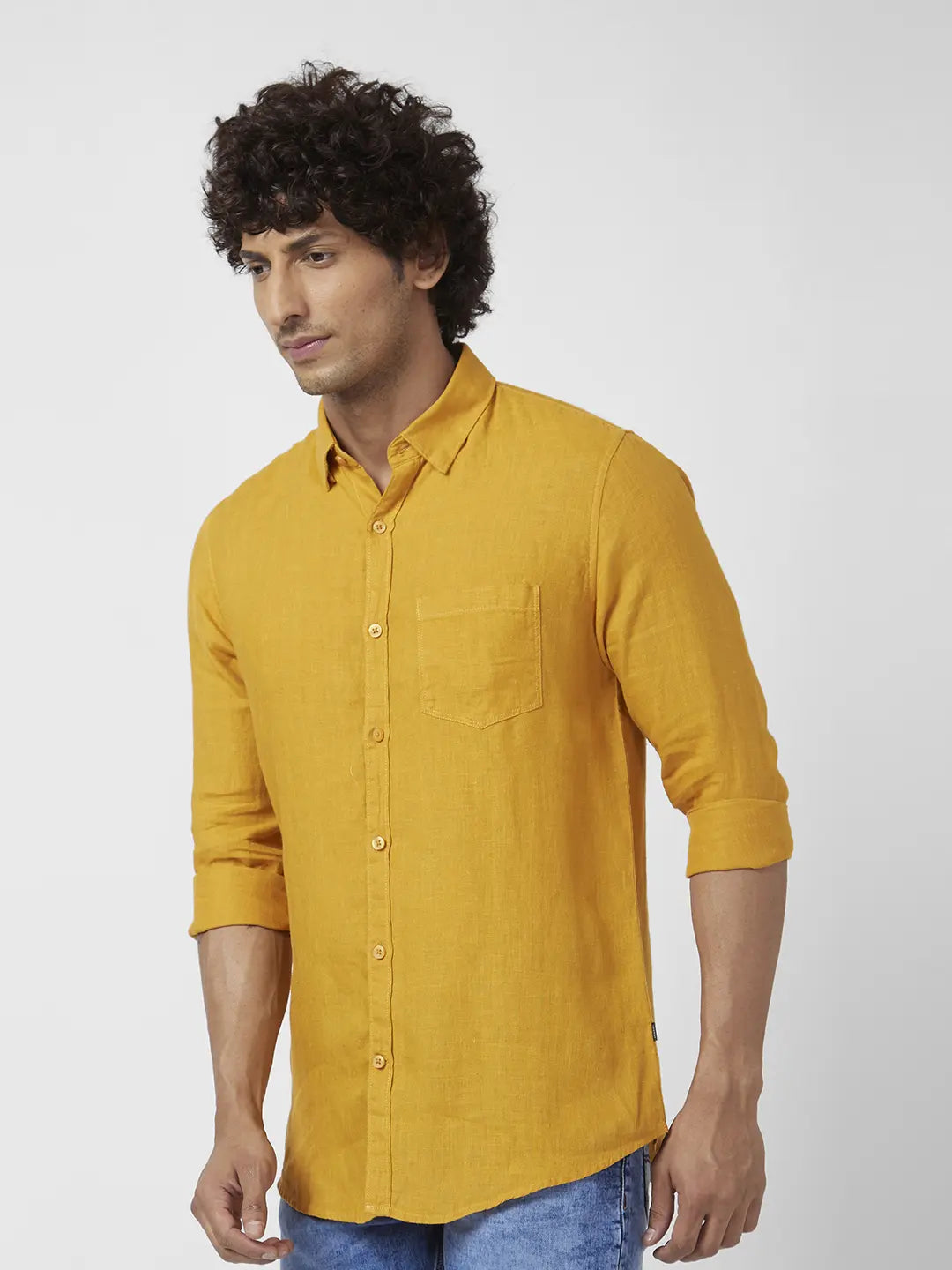 Spykar Men Mustard Yellow Linen Regular Slim Fit Full Sleeve Plain Shirt
