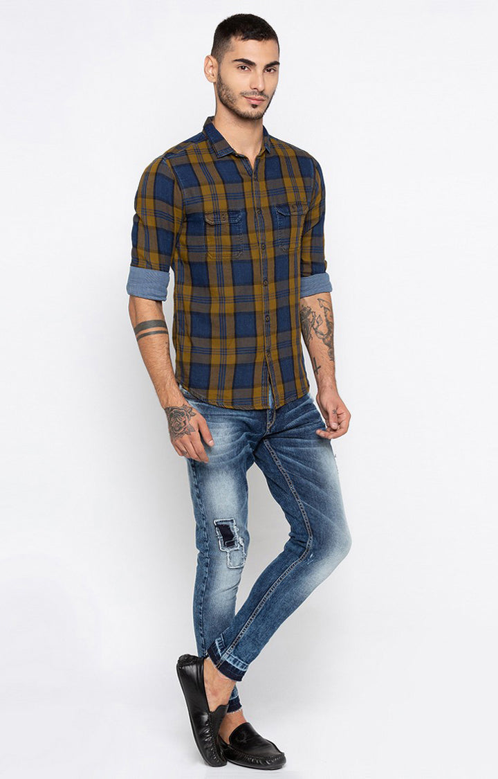 Spykar Men'S Blue Cotton Checked Casual Shirts