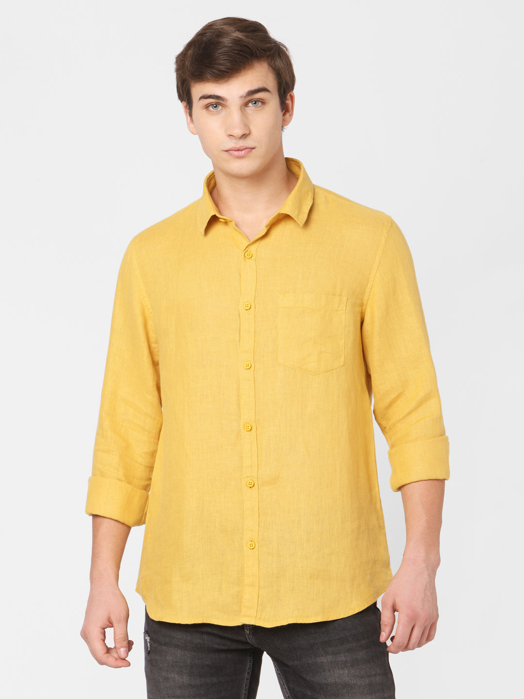 Spykar Men Yellow Cotton Slim Fit Shirts