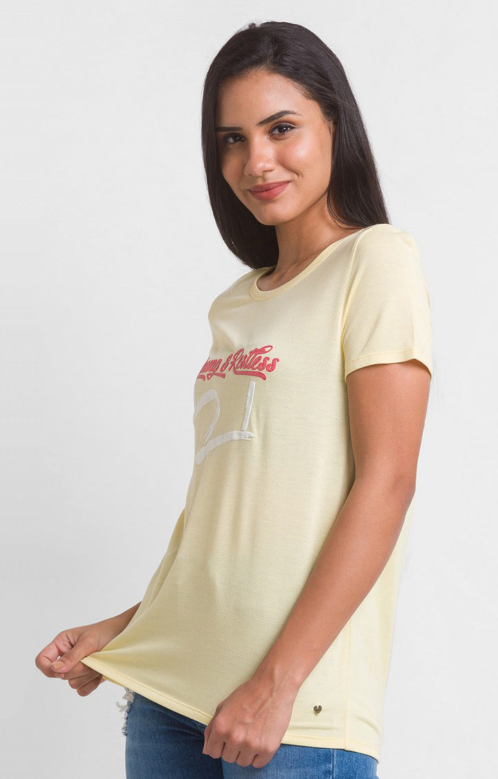 Spykar Butter Yellow Cotton Blend Half Sleeve Printed Casual T-Shirts