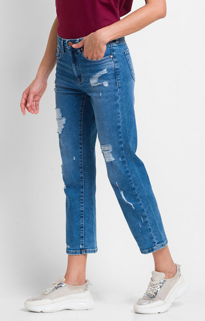 Spykar Light Blue Cotton Slim Straight Fit Ankle Length Jeans For Women (Emma)