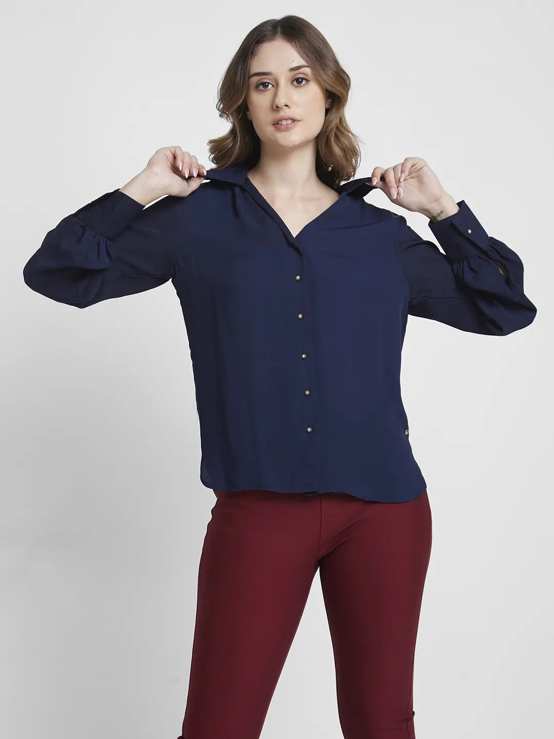 Spykar Women Navy Blue Polyester Regular Fit Full Sleeve Plain Shirt