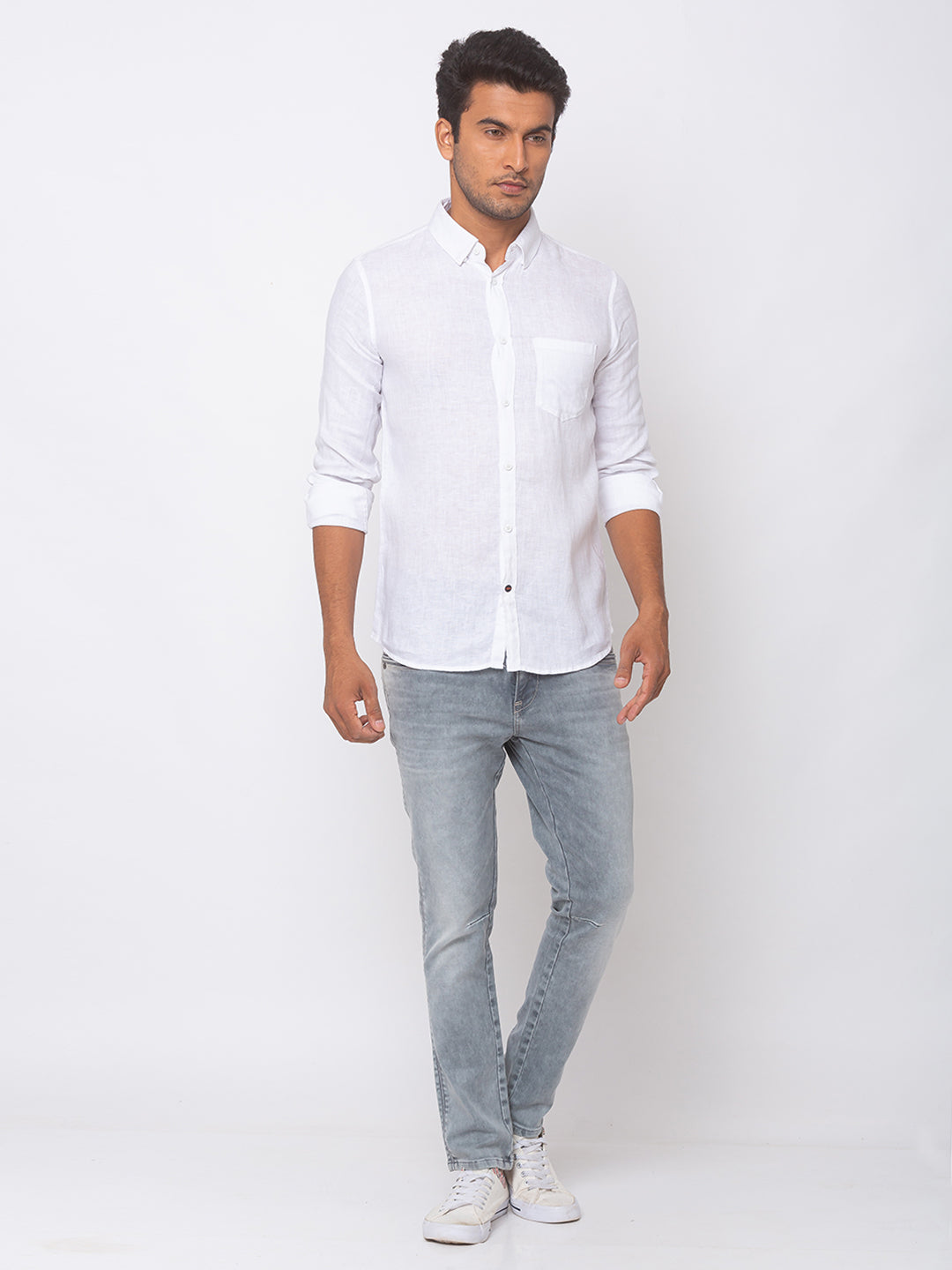 Spykar White Cotton Men Casual Shirts