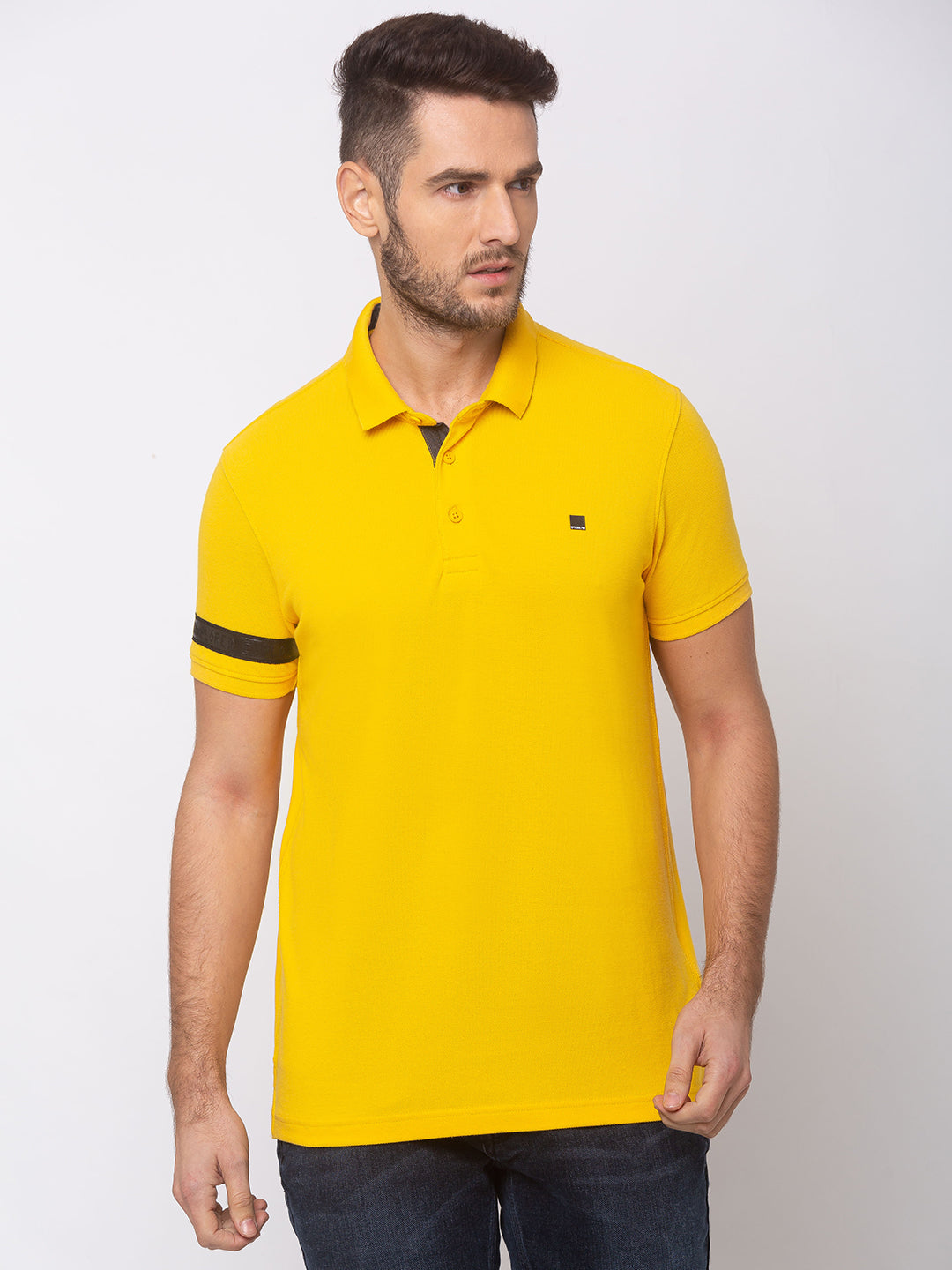 Spykar Men Yellow Cotton Slim Fit Polo T-Shirt