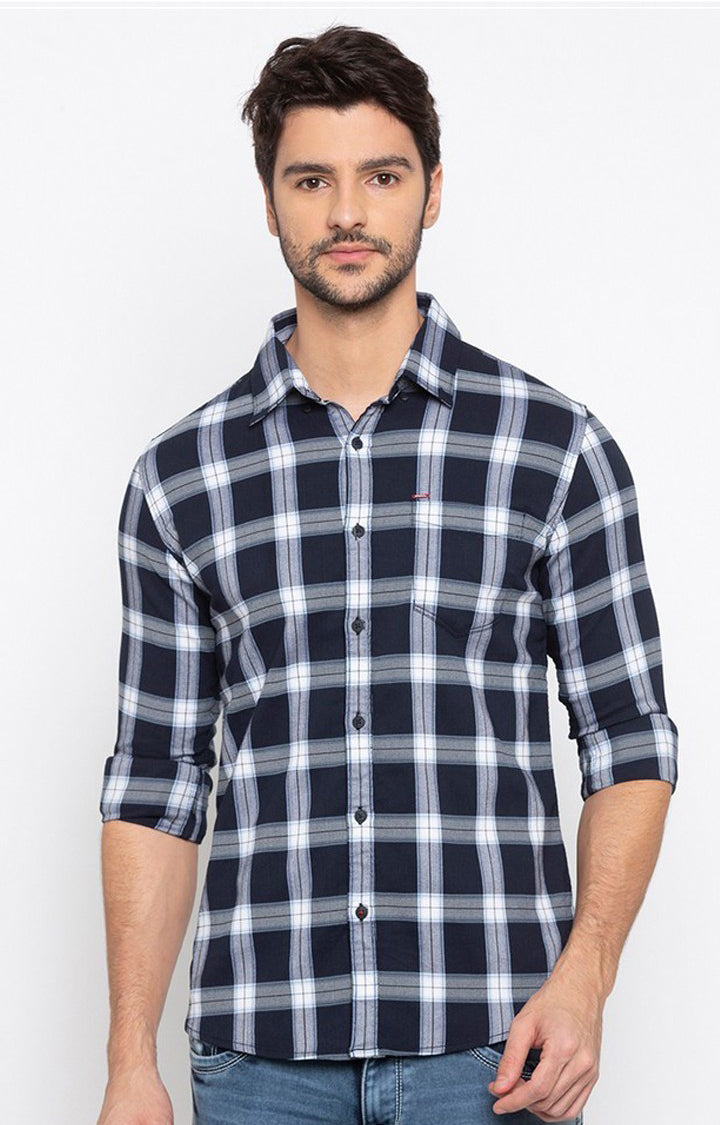 Spykar Men Navy Checked Slim Fit Casual Shirt