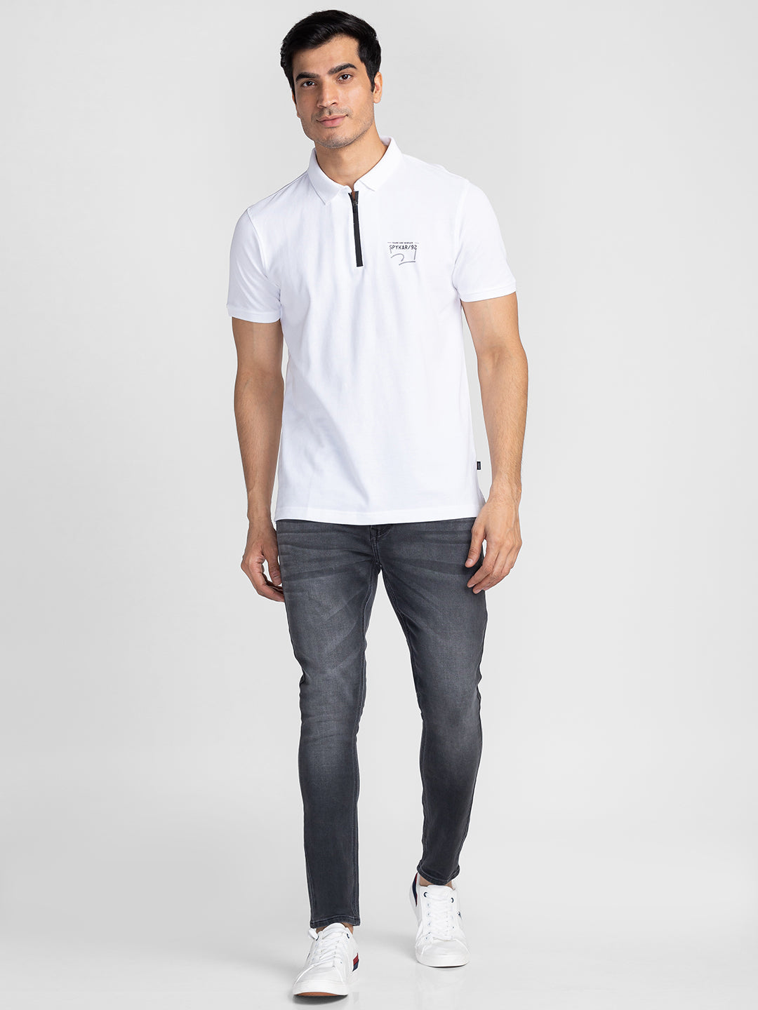 Spykar Men White Cotton Slim Fit Polo Printed T-Shirt