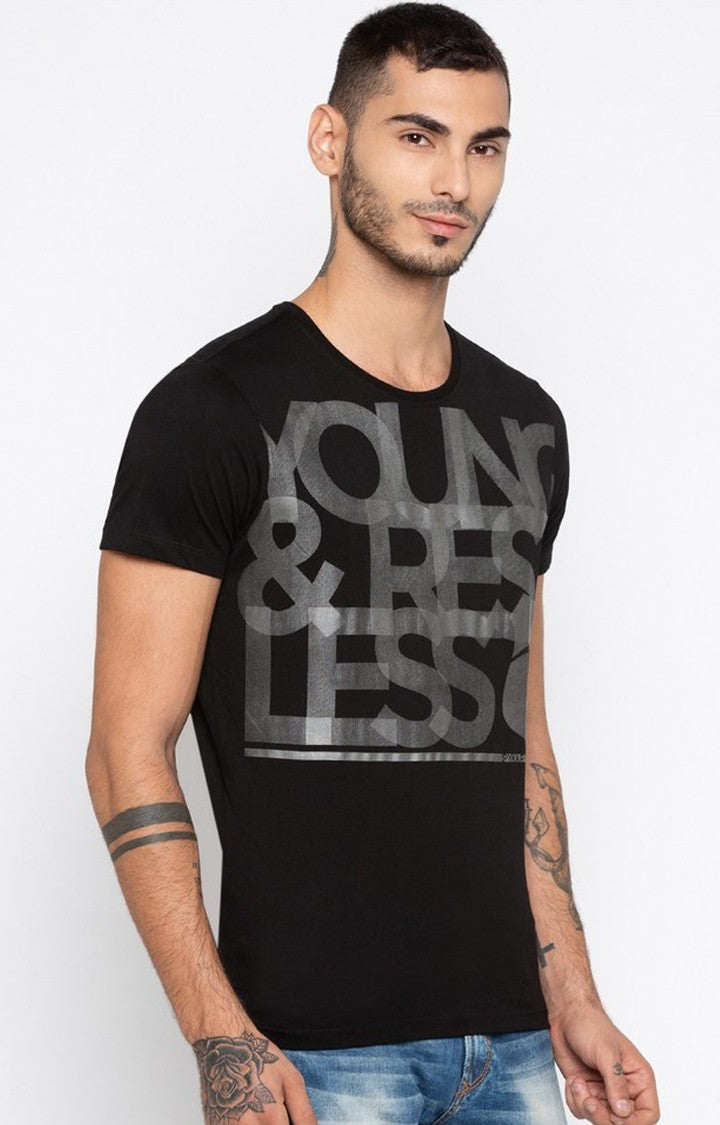 Spykar Black Printed Slim Fit Men T-Shirts