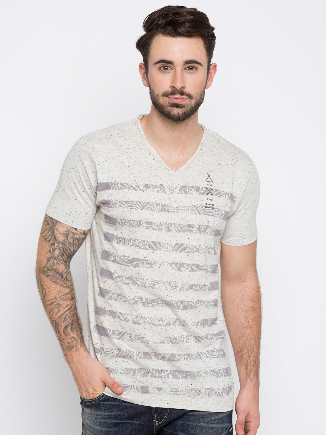 Spykar Men Grey Cotton Slim Fit V-Neck T-Shirt