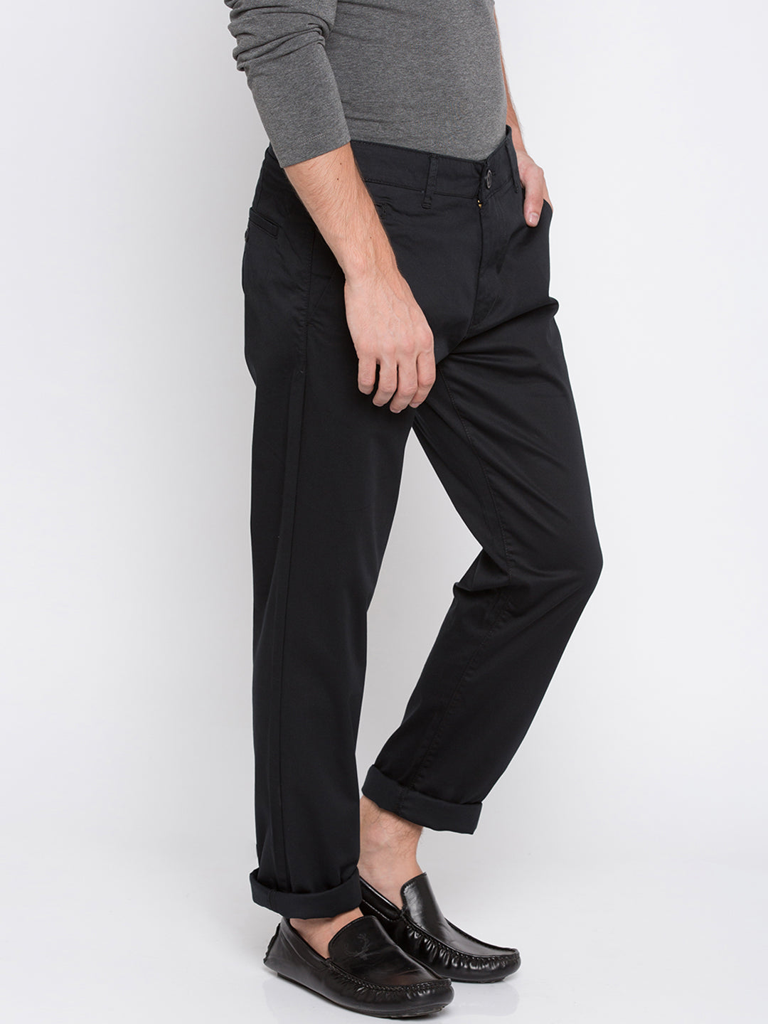 Spykar Men Black Cotton Slim Fit Casual Trousers