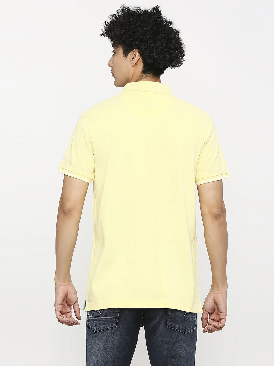 Spykar Men Butter Yellow Cotton Slim Fit Plain Polo Neck Tshirt