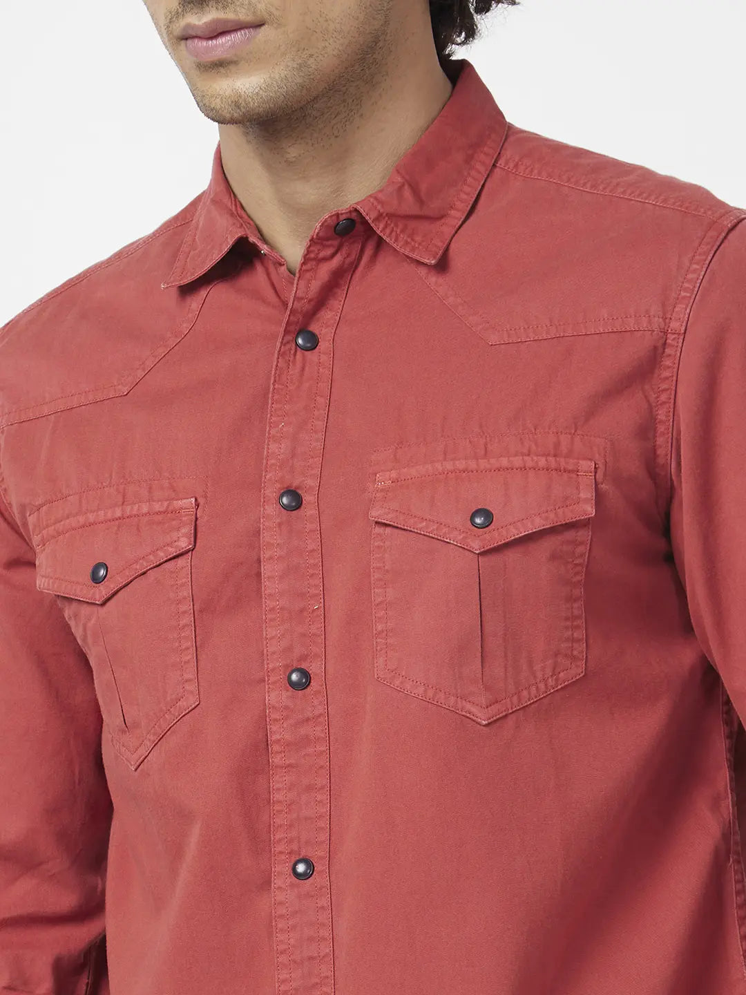 Spykar Men Brick Red Twill Slim Fit Full Sleeve Denim Shirt