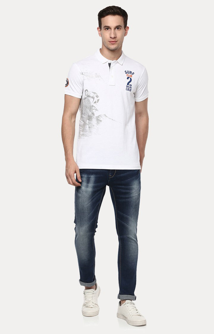 Spykar White Printed Slim Fit Polo T-Shirt