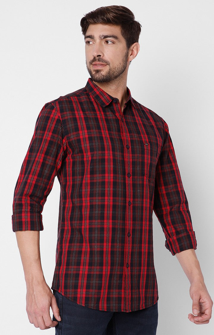 Spykar Men'S Red Cotton Checked Casual Shirts