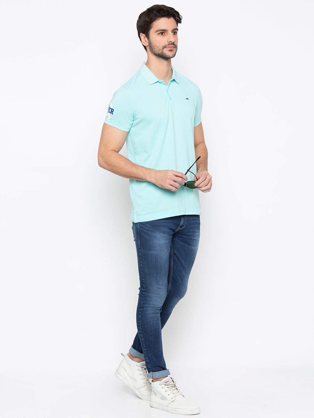 Spykar Men Blue Cotton Slim Fit Polo T-Shirt