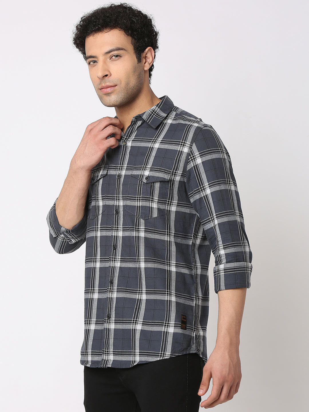 Spykar Men Charcoal Grey Cotton Regular Fit Checkered Shirts