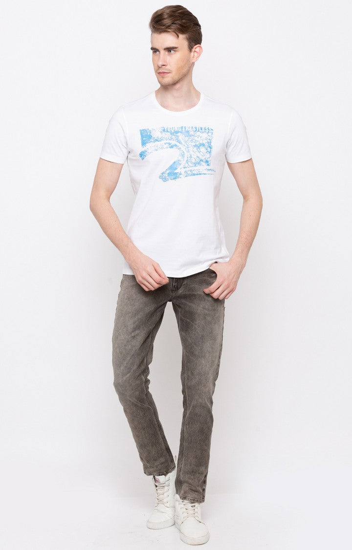 Spykar White Printed Slim Fit Men T-Shirts