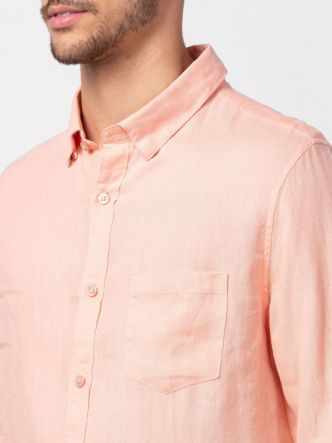 Spykar Men Peach Cotton Slim Fit Plain Shirt