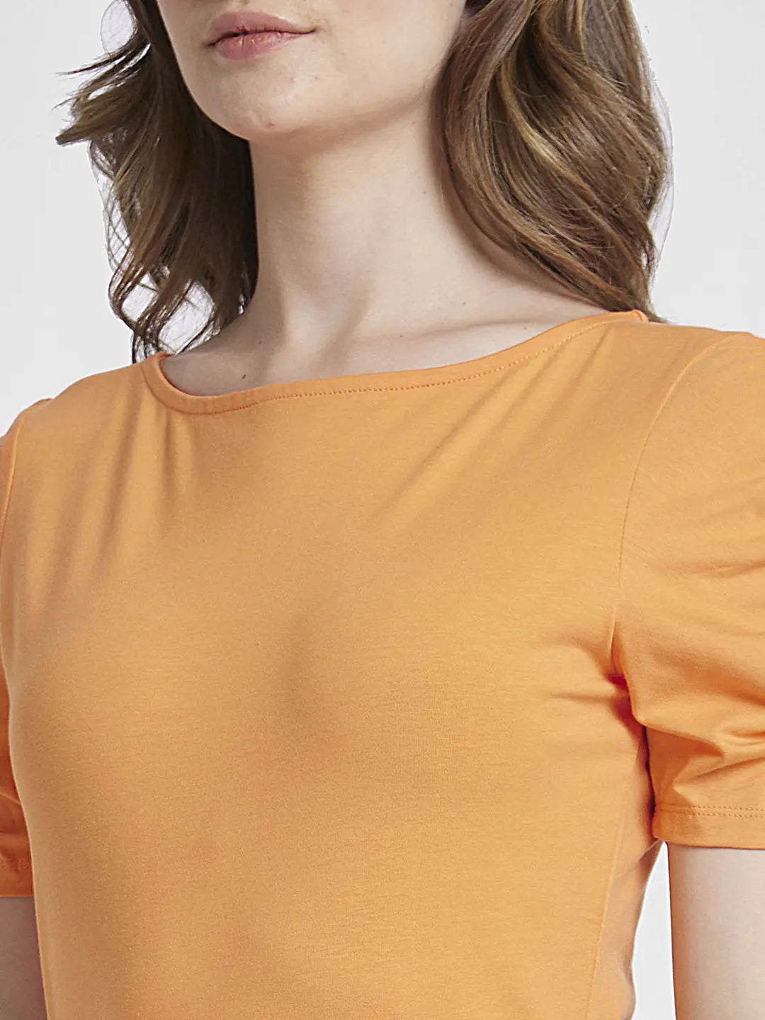 Spykar Women Apricot Crush Blended Slim Fit Half Sleeve Boat Neck Plain Crop Tshirt
