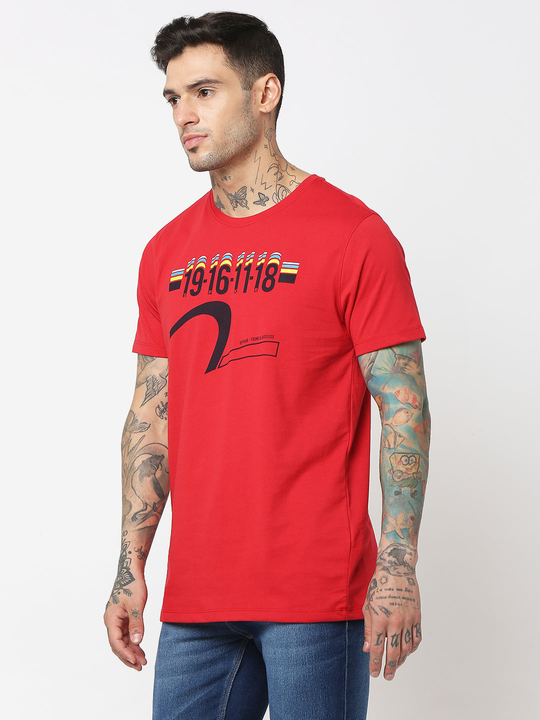 Spykar Men Red Cotton Slim Fit Round Neck Printed T-Shirt