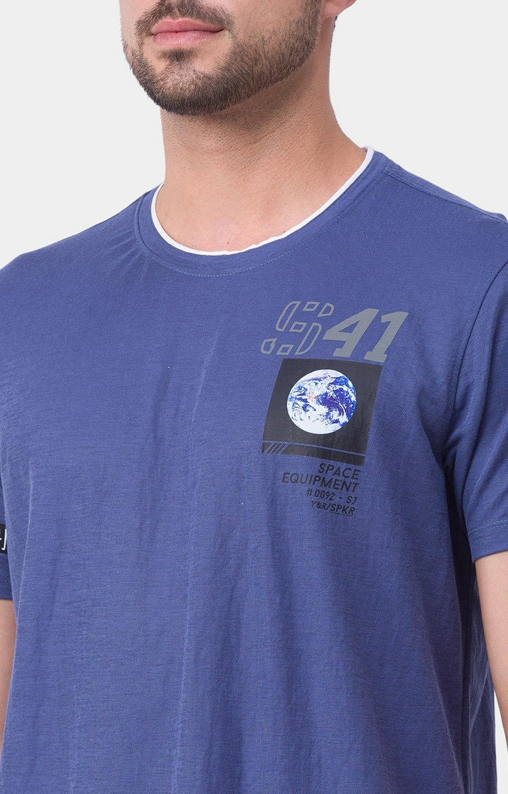 Spykar Denim Blue Cotton Half Sleeve Printed Casual T-Shirt For Men