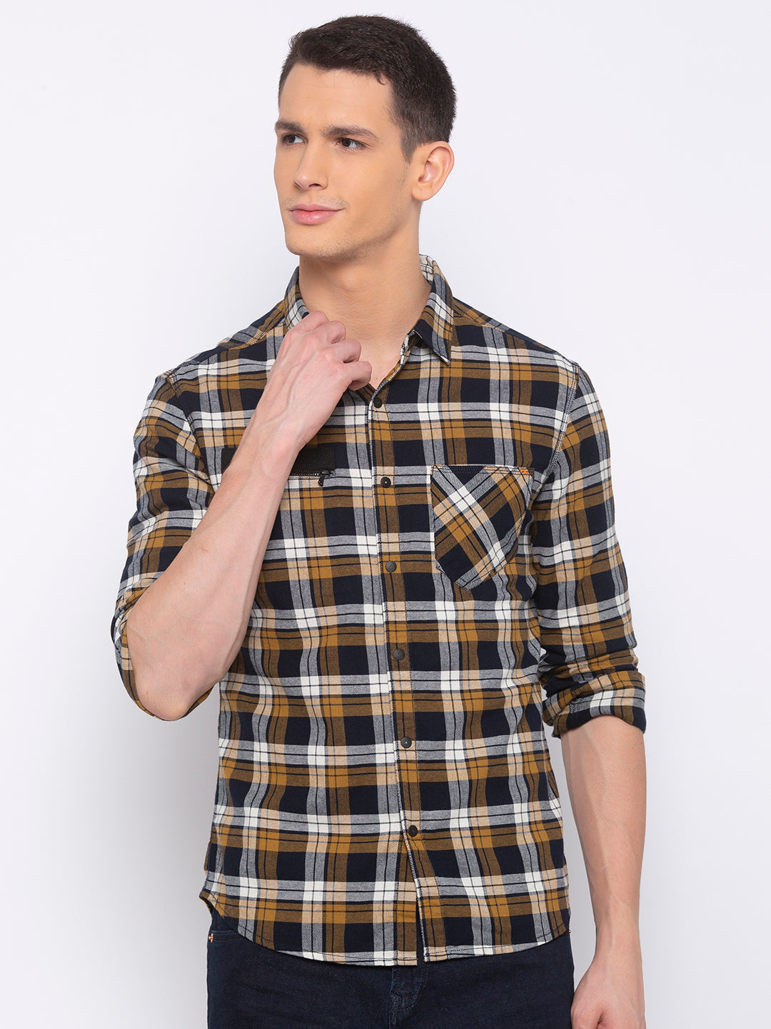 Spykar Men Khaki Checked Slim Fit Casual Shirt