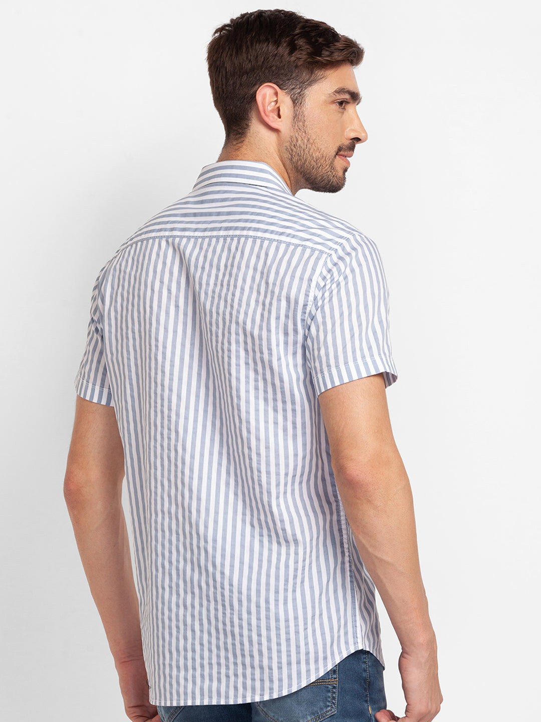 Spykar Silver Grey Cotton Half Sleeve Stripes Shirt For Men