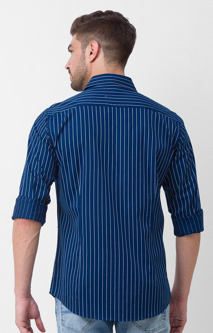 Spykar Ink Blue Cotton Full Sleeve Stripes Shirt For Men