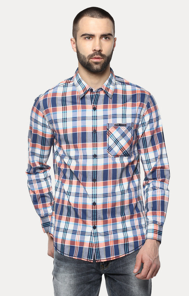 Spykar Men'S Blue Cotton Checked Casual Shirts