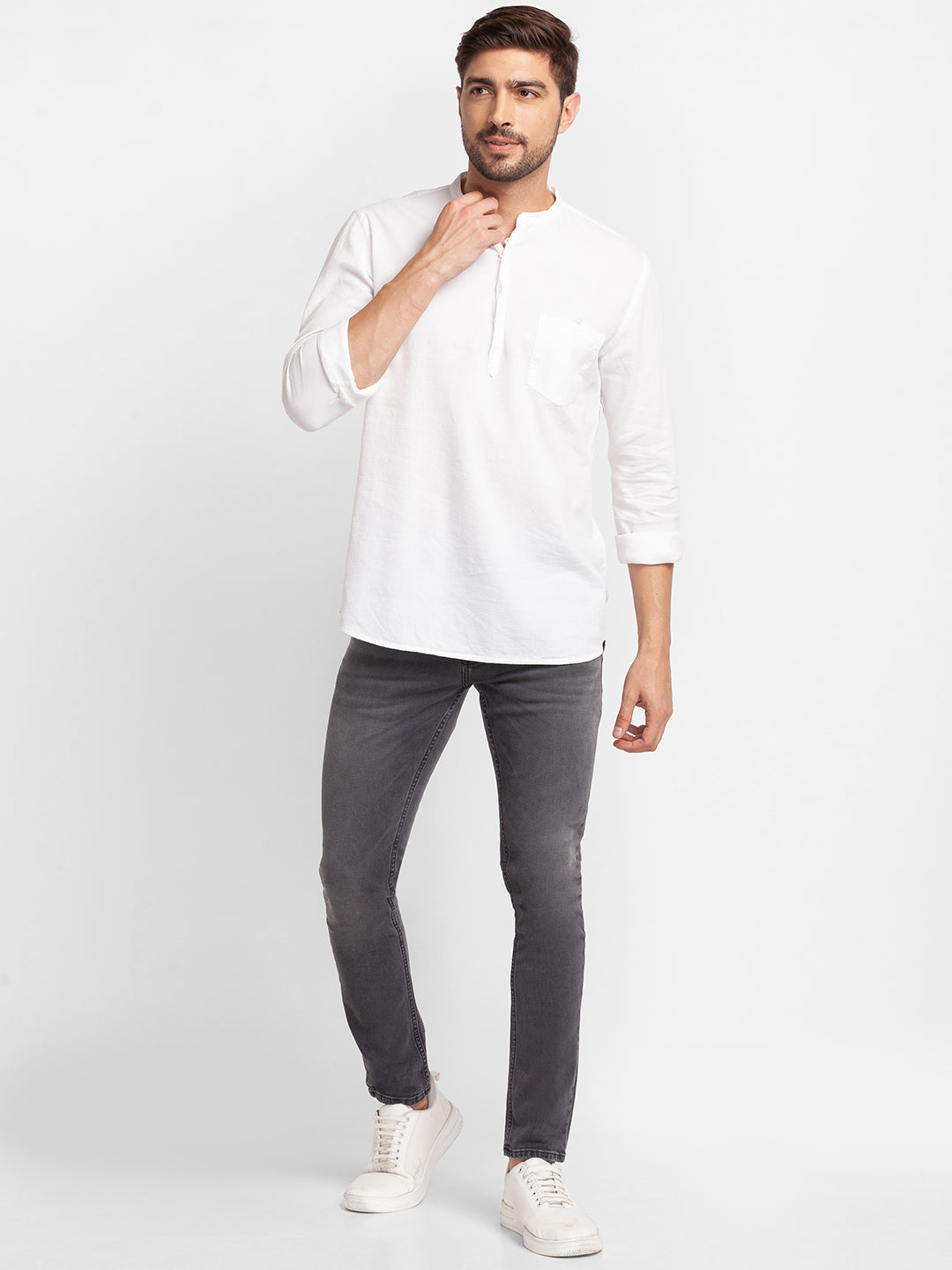 Spykar White Cotton Full Sleeve Plain Shirt Kurta For Men