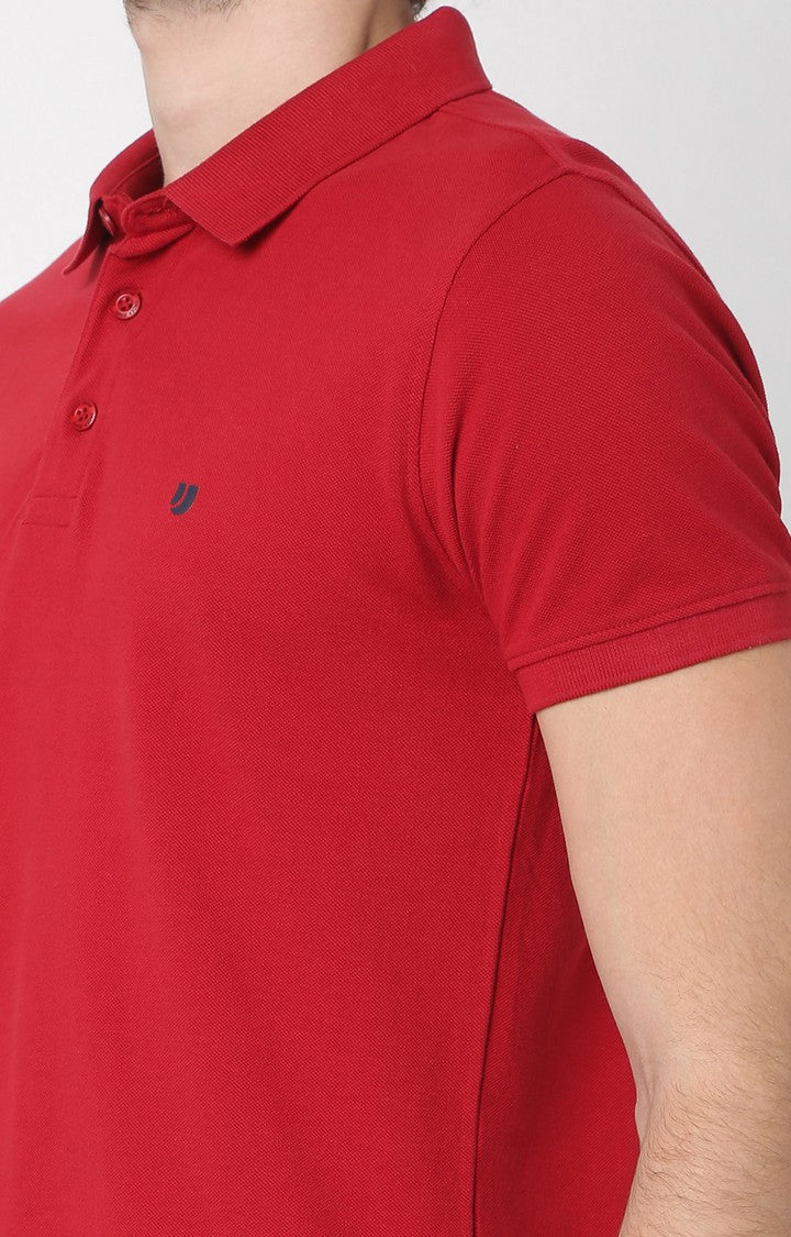 Men Premium Red Cotton Regular Fit Polo T-Shirt - Underjeans By Spykar