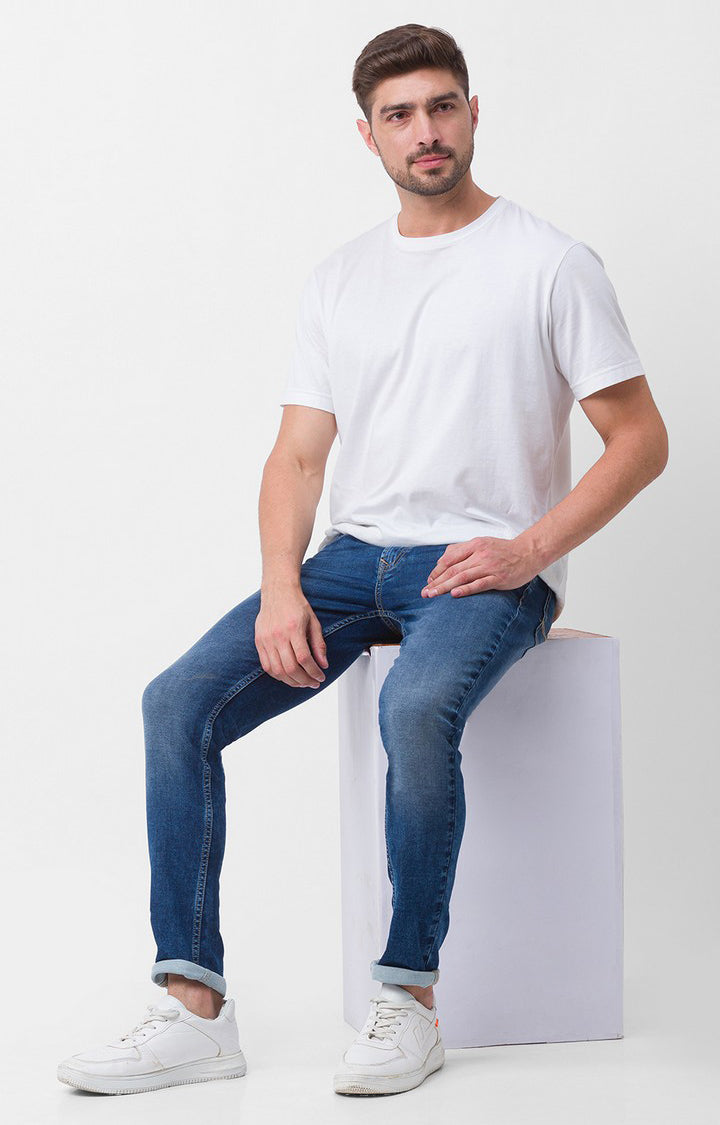 Spykar Mid Blue Cotton Super Slim Fit Tapered Length Jeans For Men (Super Skinny)