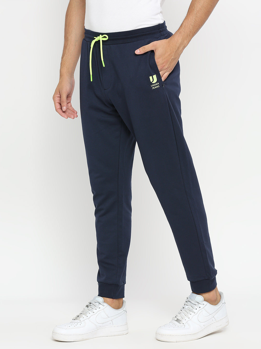 Men Premium Cotton Blend Navy Trackpants - UnderJeans by Spykar