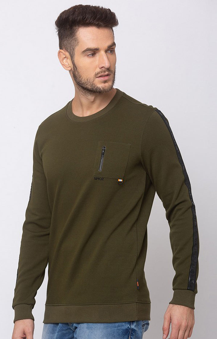 Spykar Green Cotton Slim Fit Sweatshirt For Men