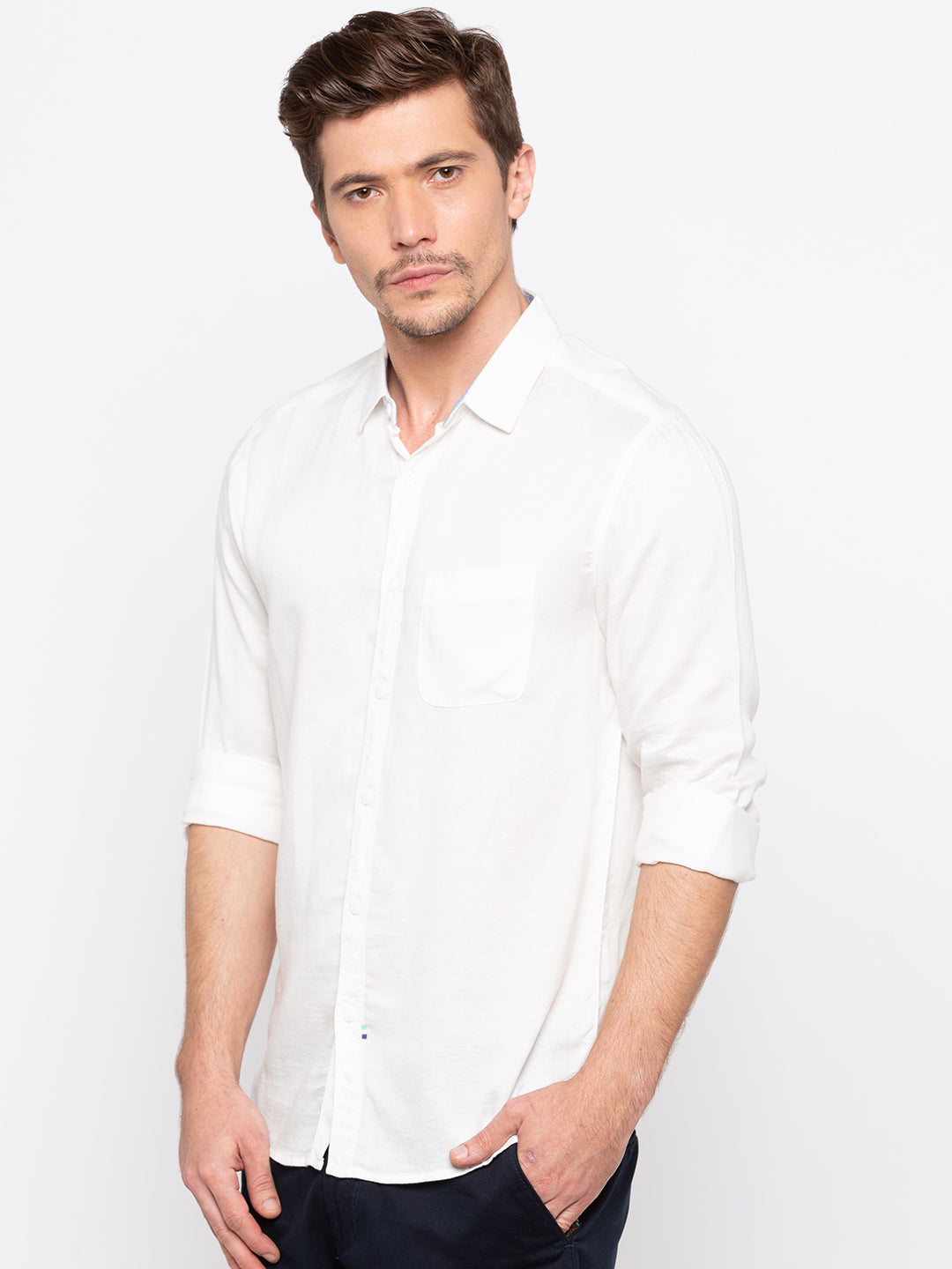 Spykar White Cotton Slim Fit Shirts For Men