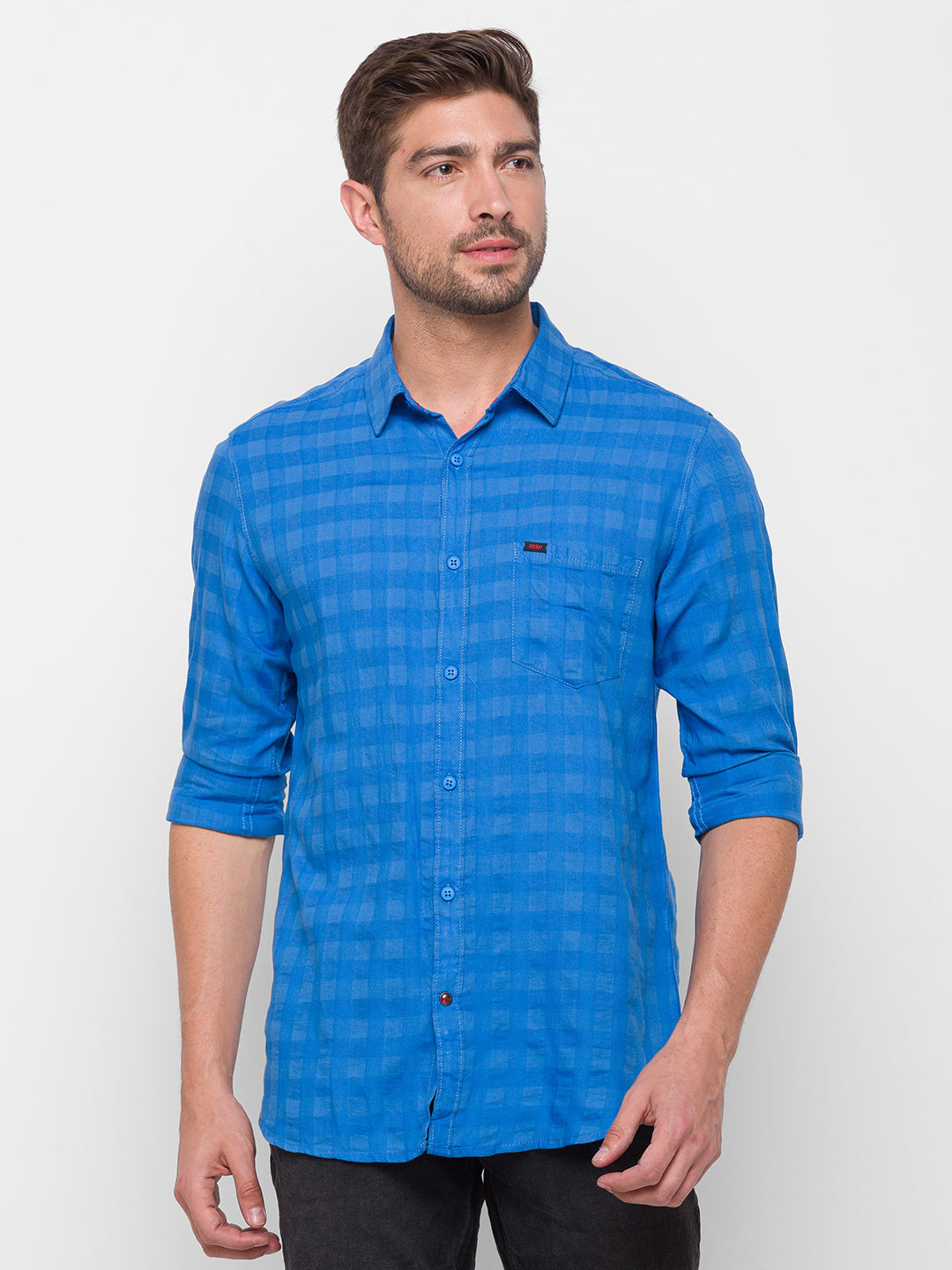 Spykar Blue Cotton Slim Fit Shirts For Men