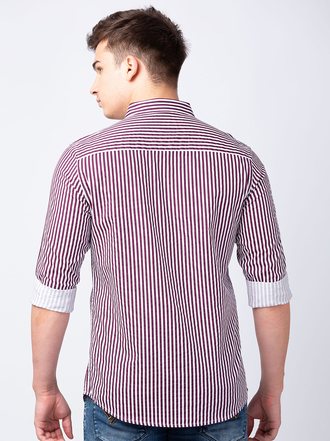 Spykar Men Wine Red Cotton Slim Fit Striped Shirt