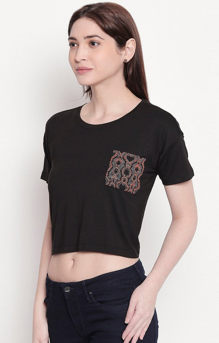 Spykar Women Black Viscose Slim Fit Round Neck Crop T-Shirt