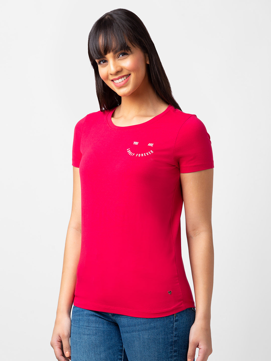 Spykar Women Rosebud Blended Regular Fit Half Sleeve Solid Tshirt