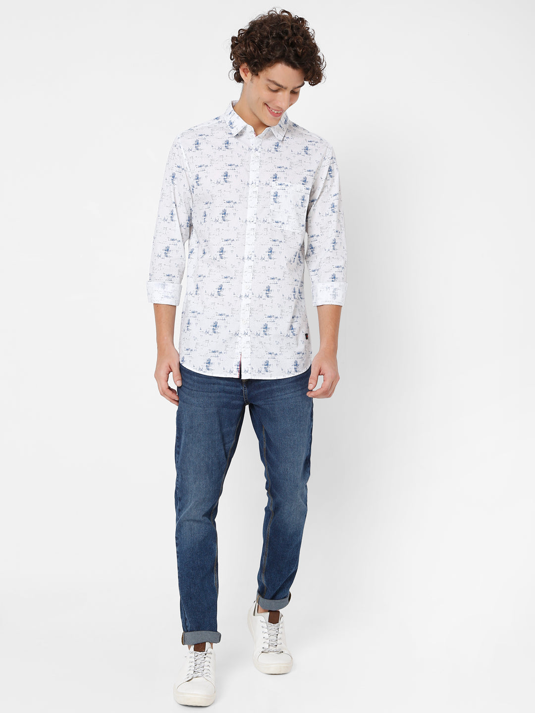 Spykar White Cotton Full Sleeve Printed Shirt For Men