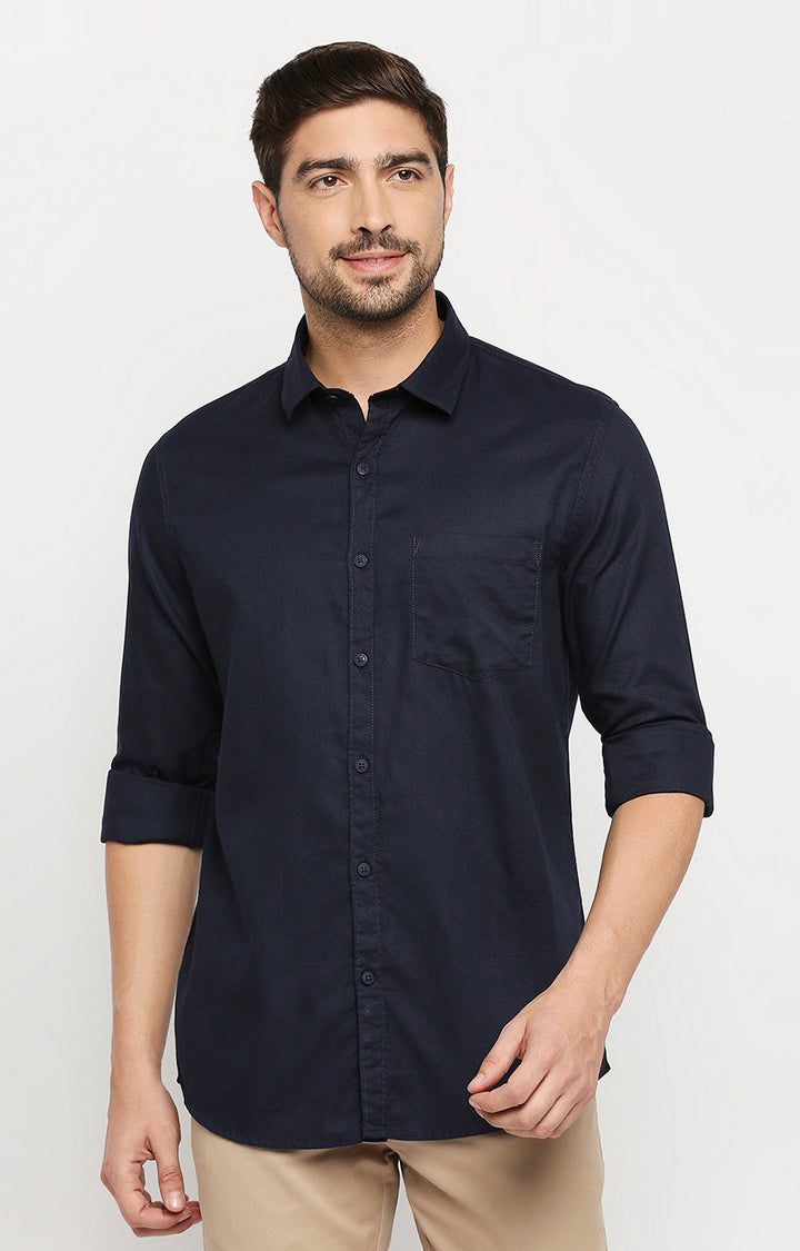 Spykar Men Navy Blue Cotton Regular Fit Full Sleeve Casual Shirt