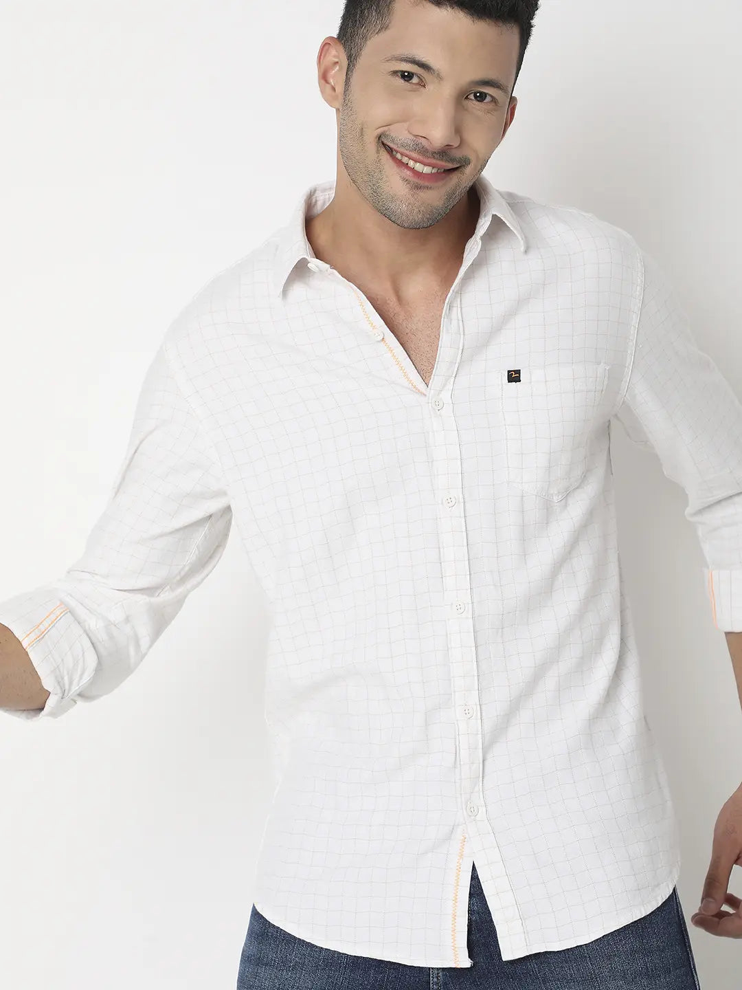 Spykar Men White & Khaki Cotton Slim Fit Checkered Shirt