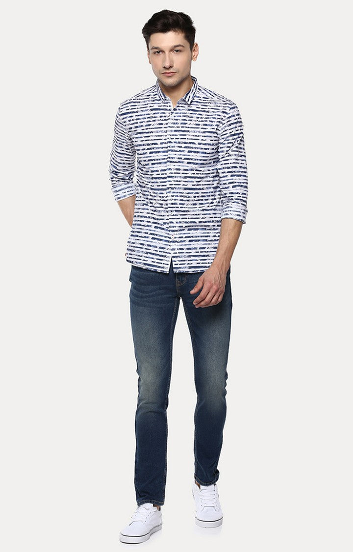 Spykar Men'S Blue Cotton Striped Casual Shirts