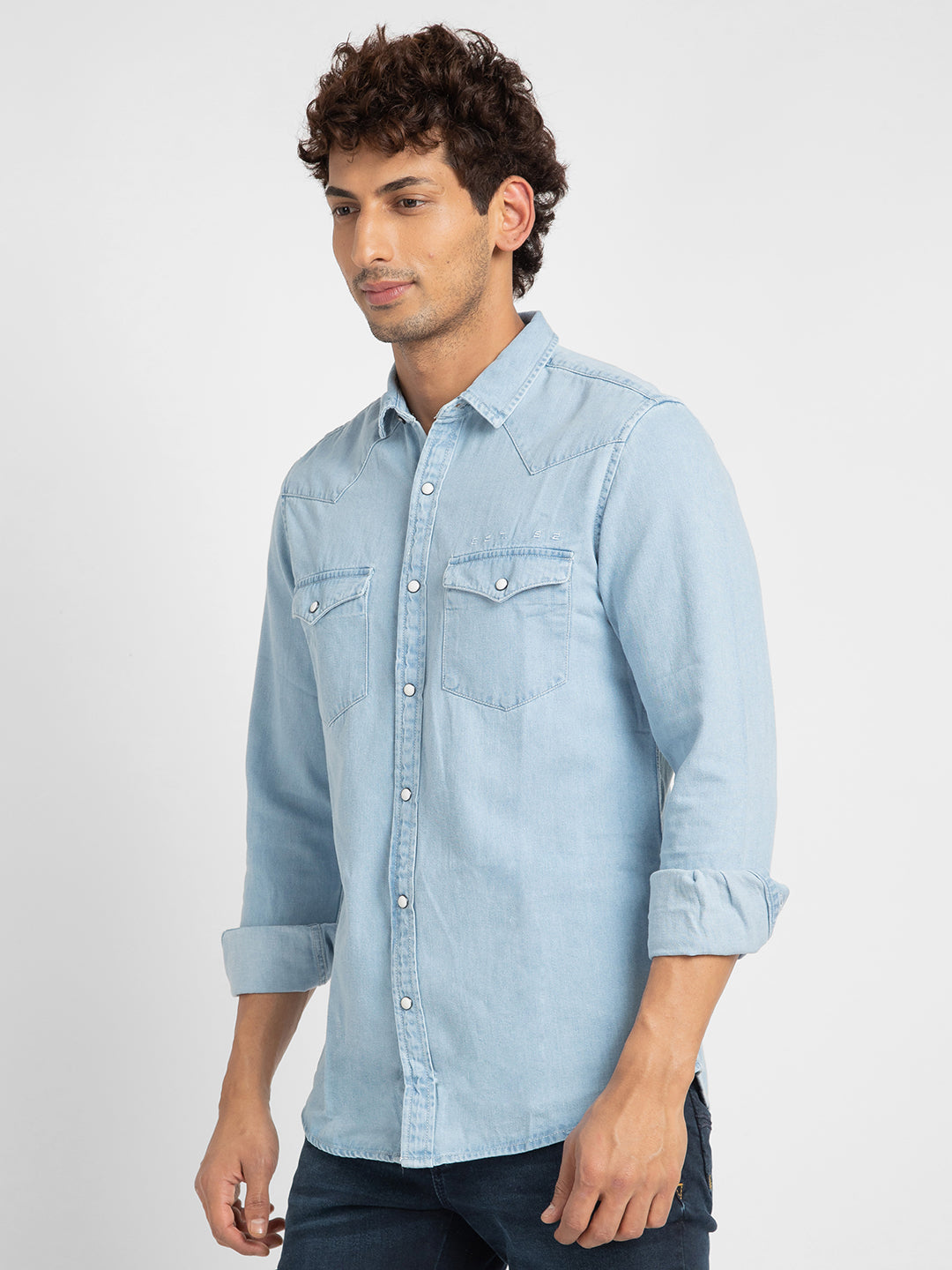 Spykar Men Light Blue Cotton Slim Fit Denim Shirt