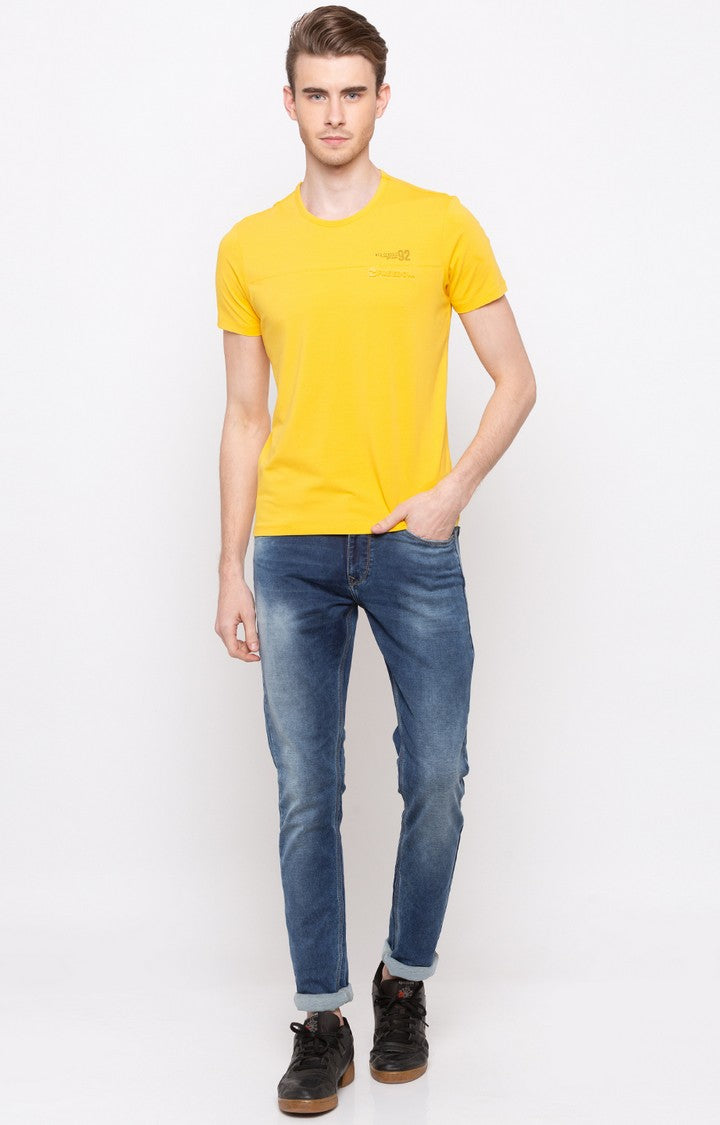 Spykar Yellow Solid Slim Fit Men T-Shirts