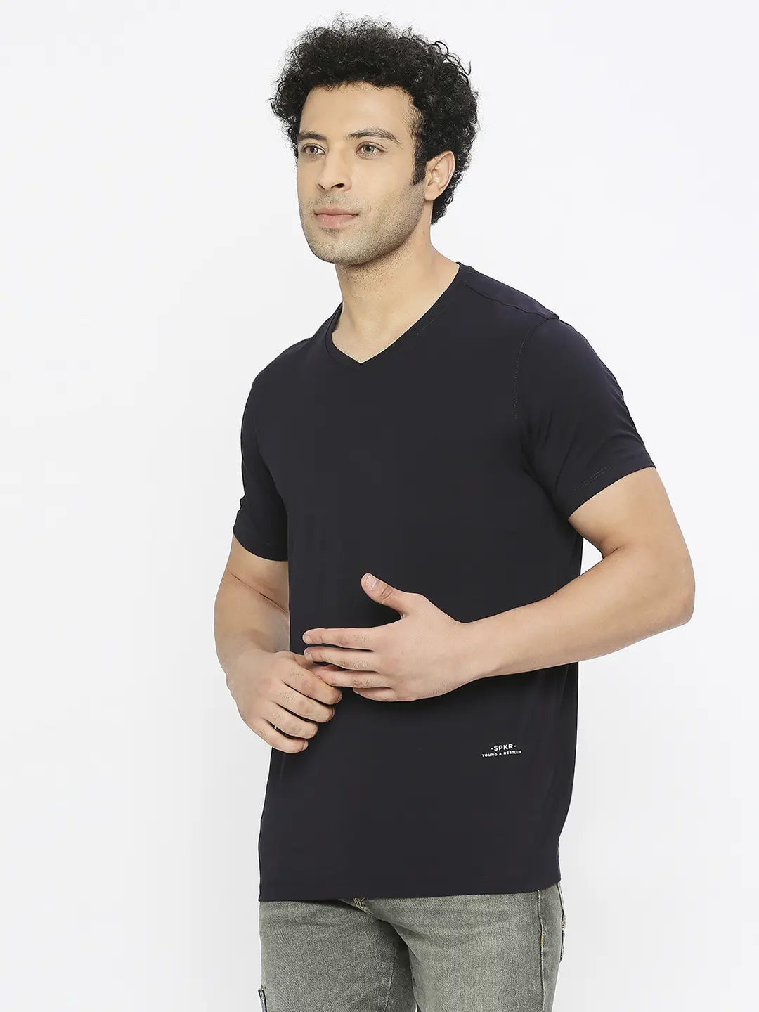 Spykar Men Navy Blue Cotton Regular Fit Half Sleeve Plain V-Neck Tshirt